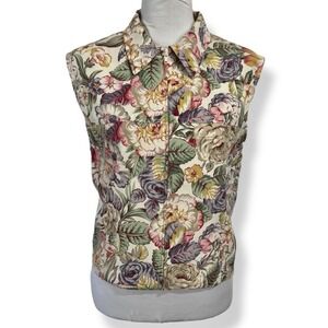 Vintage TanJay Floral Vest Size 14 Cropped Boxy Full Zip Boho Golden Girls 80s‎